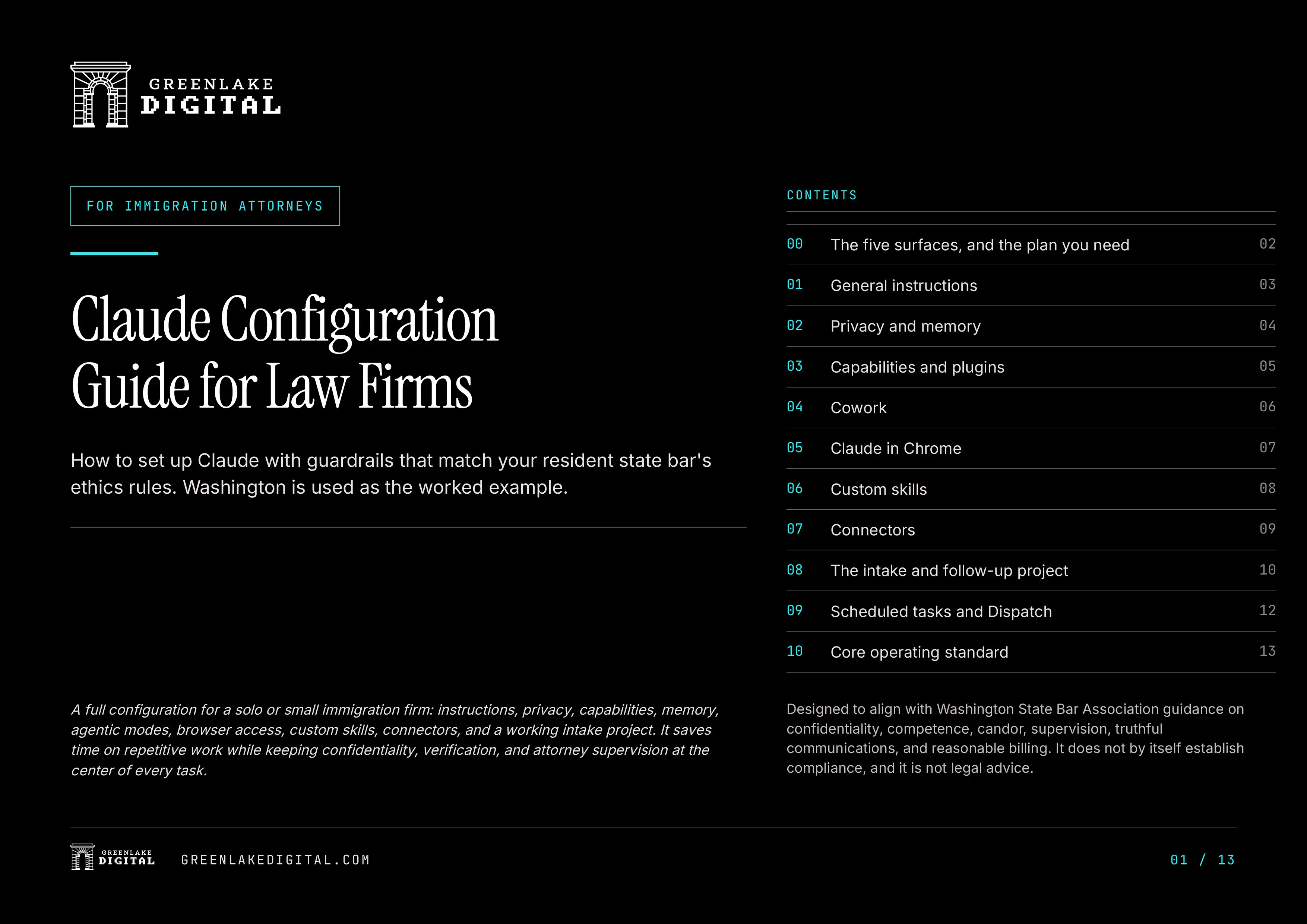 Claude Configuration Guide for Law Firms, a free 13-page PDF from Green Lake Digital covering Claude projects, memory, Cowork, connectors, and attorney review guardrails