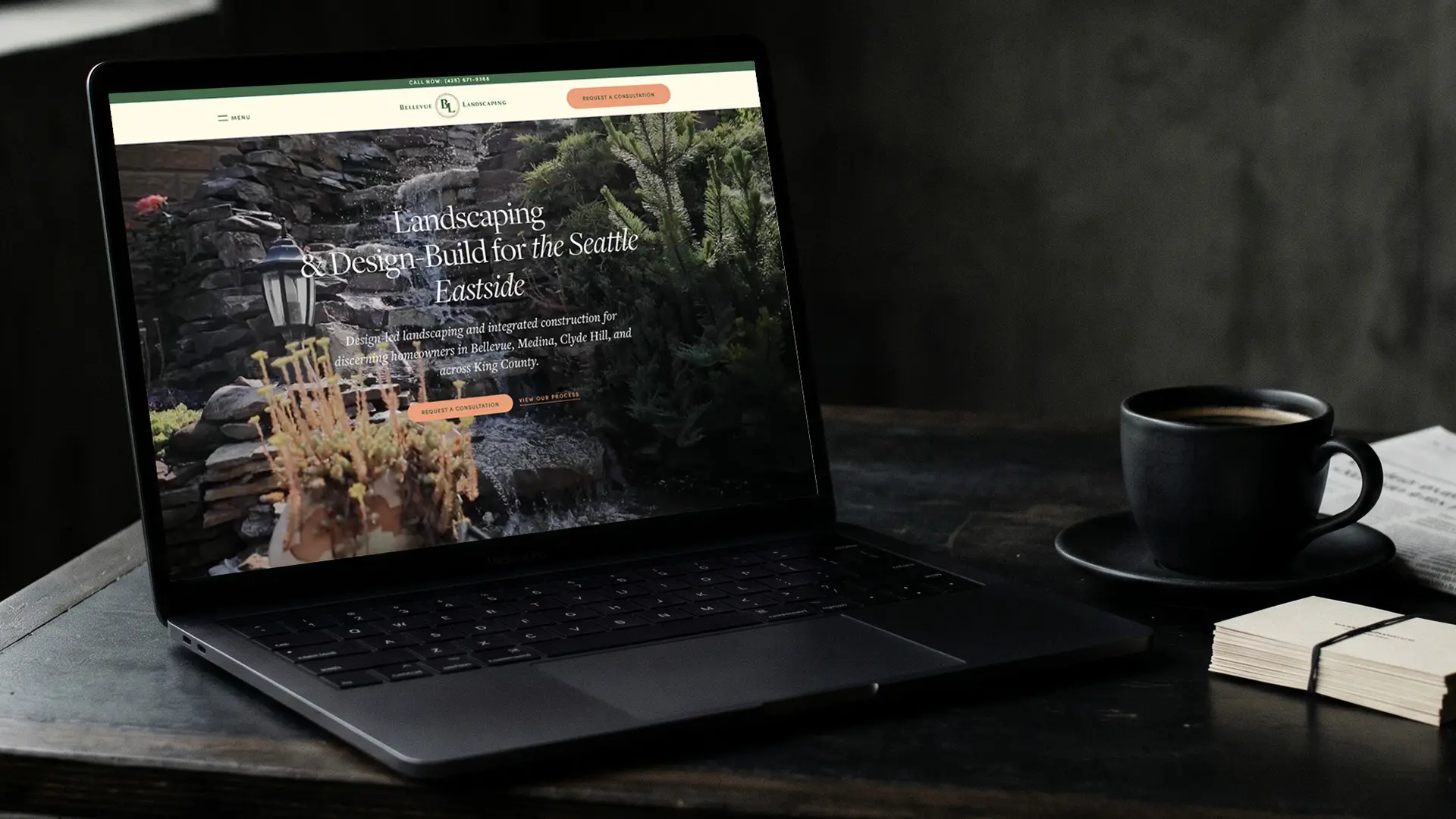 Bellevue Landscaping. A Next.js static landing page designed and built by Green Lake Digital, loads in under a second on free-tier hosting