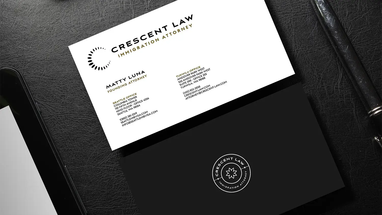 Crescent Law. Brand identity business cards by Green Lake Digital