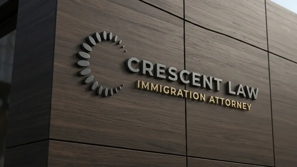Crescent Law immigration attorney identity applied to an office wall